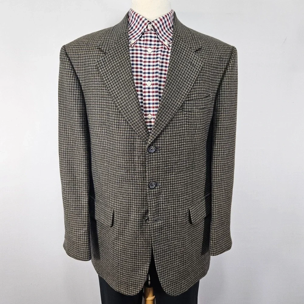 VTG RBM Men's Sport Coat Blazer Three Button Brown Houndstooth Lambs Wool 42R